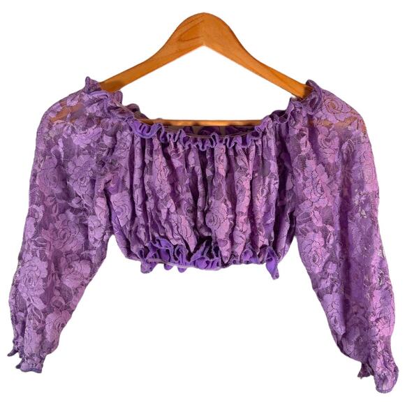 Y2K Ruched Lace Off Shoulder Blouse – Purple Floral - Picture 1 of 8
